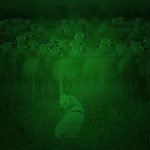 An image featuring a moonlit night scene with a silhouette of a goat perched atop a rocky hill, its eyes illuminated by a faint glimmer, showcasing the exceptional night vision of goats